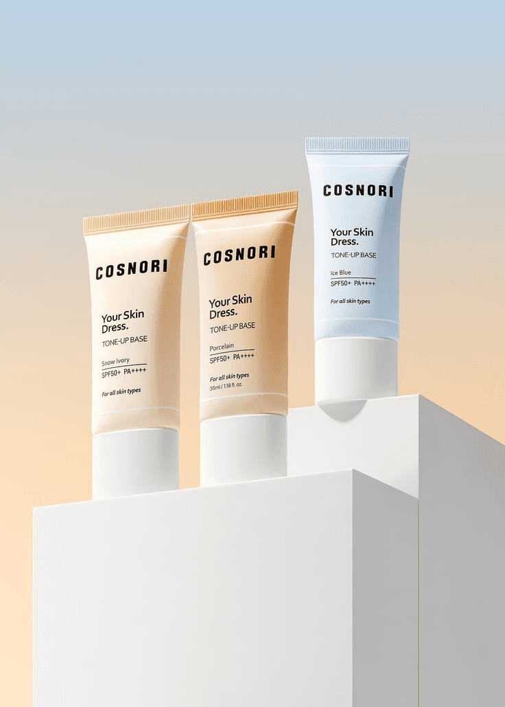 Skincare tubes arranged on a stepped plinth